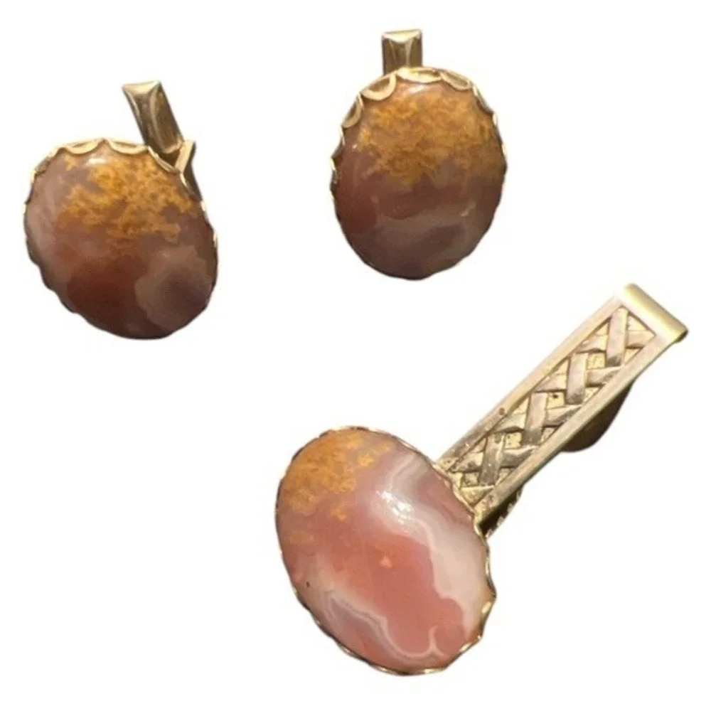 Vintage Men’s Pat Pend‎ Gold Agate Cufflinks & Tie Clip Set Mid-Century Oval